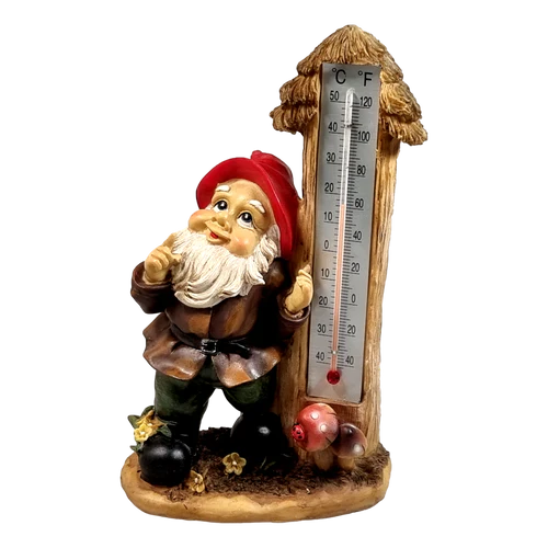 Tuinkabouter met thermometer onder paddenstoel