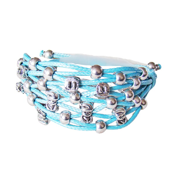 leuke blauwe gevlochten armband met zilverkleurige kraaltjes