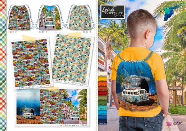 Kindertas 23091 busje-2 Leuke kinderrugtas van Stenzo om zelf te naaien, met 4 verschillende afbeeldingen