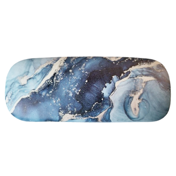 Mooie hardcase brillenkoker met blauw/goud marmermotief