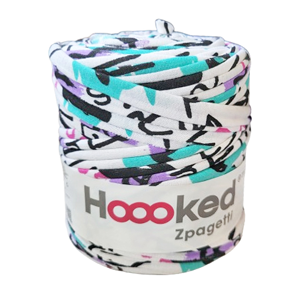 Hoooked Zpagetti print in de kleuren wit, zwart, roze, mint en lila