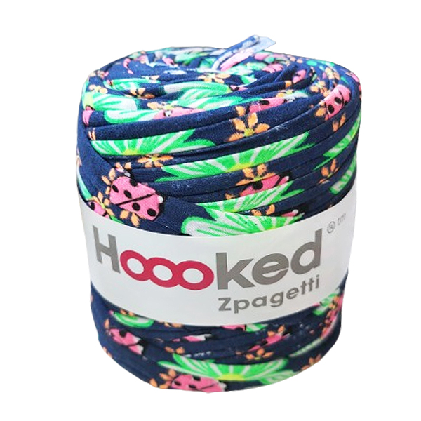 Hoooked Zpagetti print donkerblauw met bloemetjes en lieveheersbeestjes