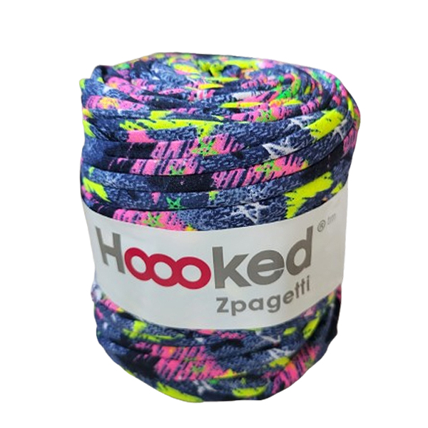 Hoooked Zpagetti print donkerblauw met neonroze en neongeel