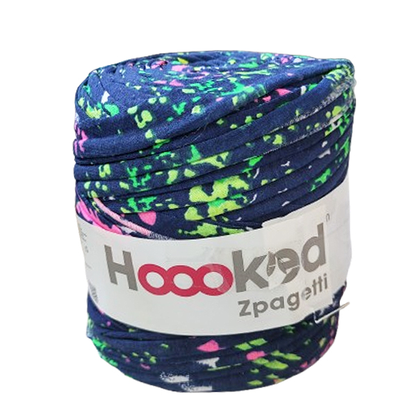 Hoooked Zpagetti print donkerblauw met neonroze, neongeel en neongroen