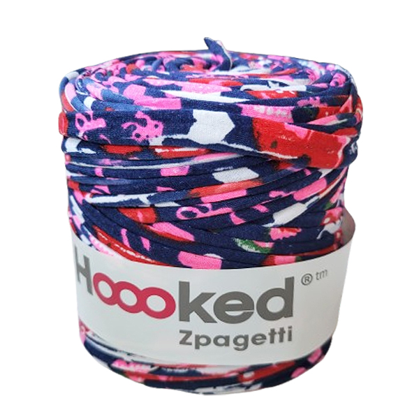 hoooked zpagetti print donkerblauw roze rood wit groen Hoooked Zpagetti print donerblauw met roze, rood, wit en groen